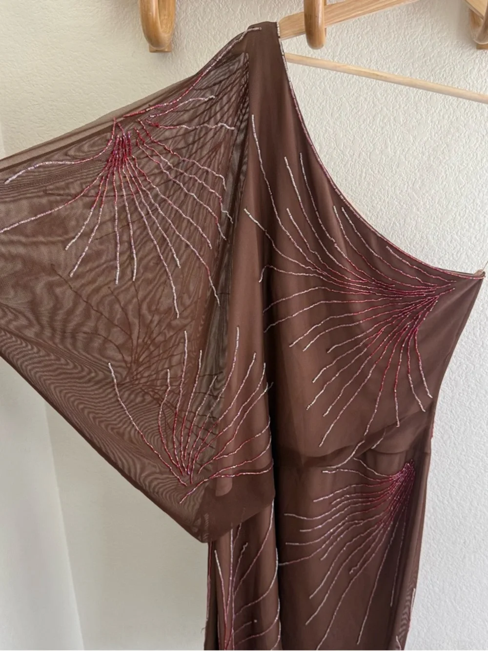 BCBG maxazria rare Y2K 90s brown one shoulder dress beaded stretchy Size M - Picture 6 of 9